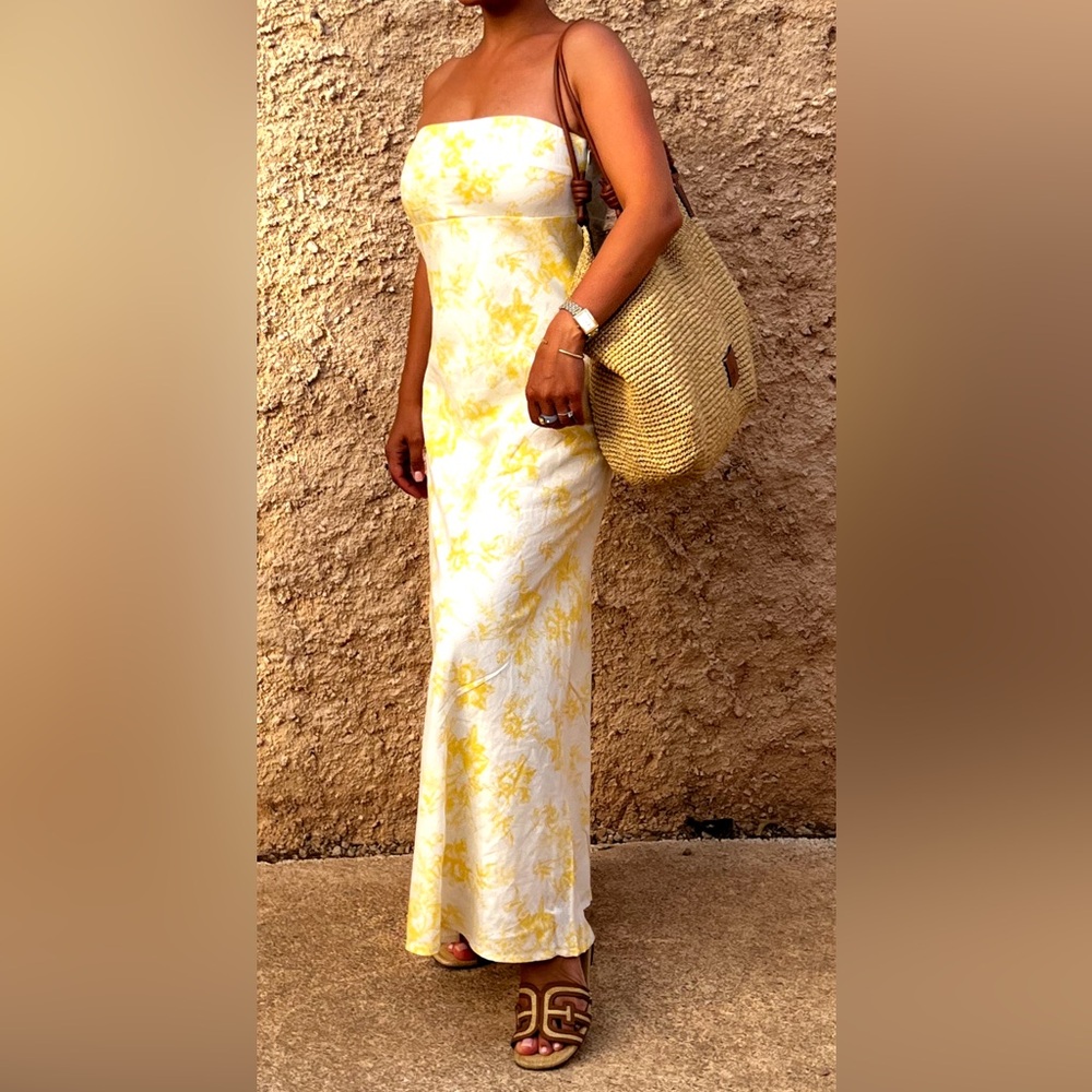 Wayf Strapless Dress in White and Yellow Floral